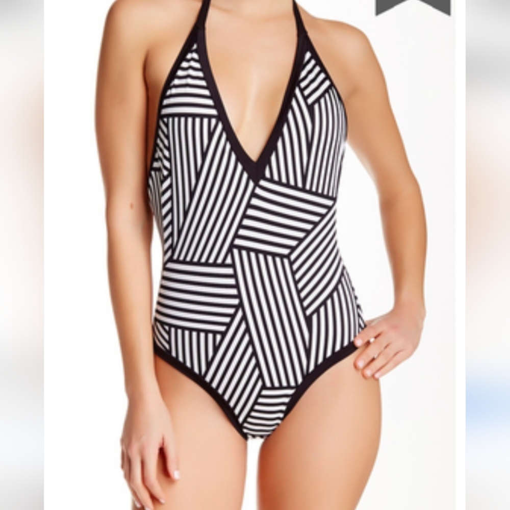 NWT Sole East Black Striped One‎ Piece Swimsuit